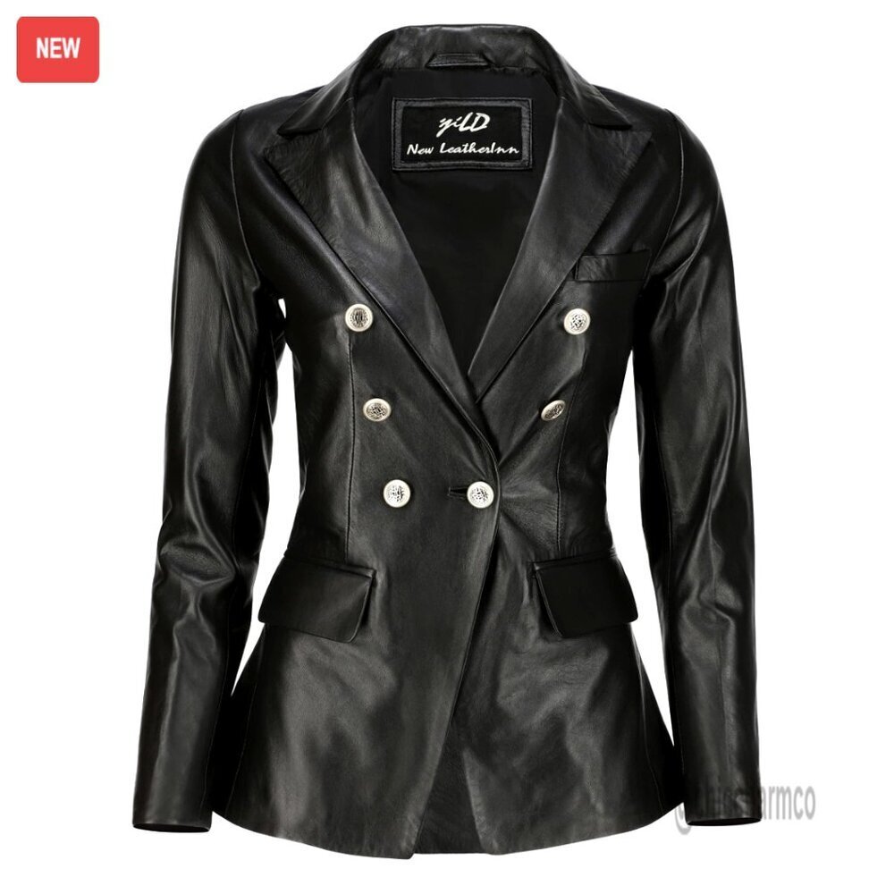 Double Breasted Lambskin Leather Blazer with Fancy Buttons